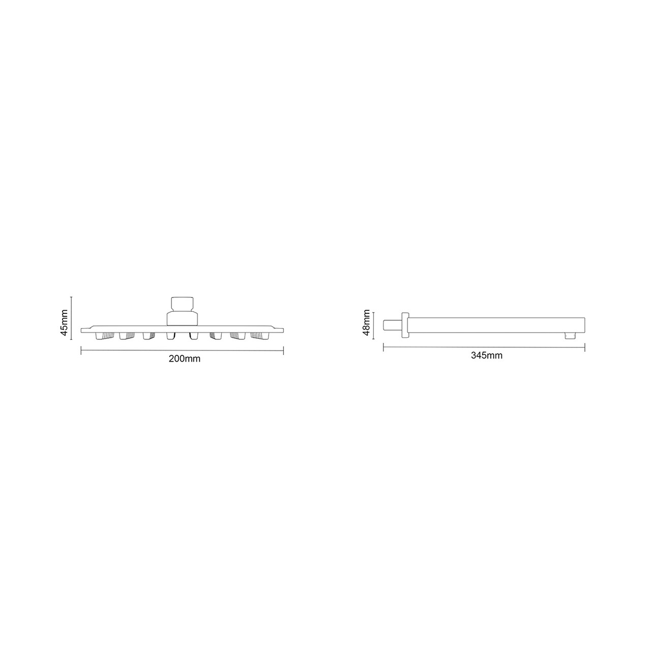 Polished Chrome 200mm Thin Square Fixed Shower Head and Wall Arm Dimensions
