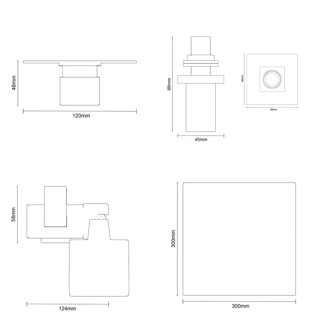 Cubix Polished Chrome Triple Thermostatic Shower Valve and 300mm Thin Square Fixed Head with Ceiling Arm and Severn Shower Slide Rail Kit with Square Elbow Dimensions