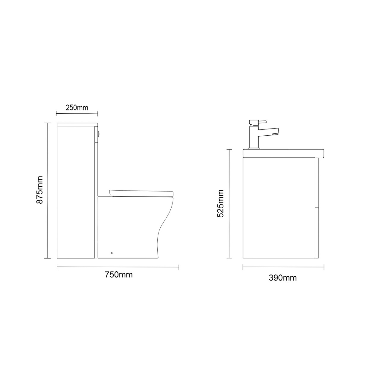 Napoli 390 Gloss White 1100mm Wall Mounted 2 Drawer Vanity Unit and Toilet Suite with Glide Basin Side on Dimensions