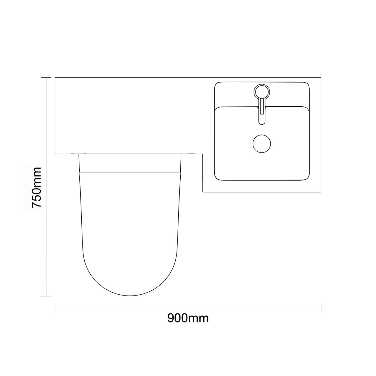 Napoli 390 Gloss White 900mm Single Door Vanity Unit Toilet Suite with Right Hand Square Lucia Basin Top Down Dimensions