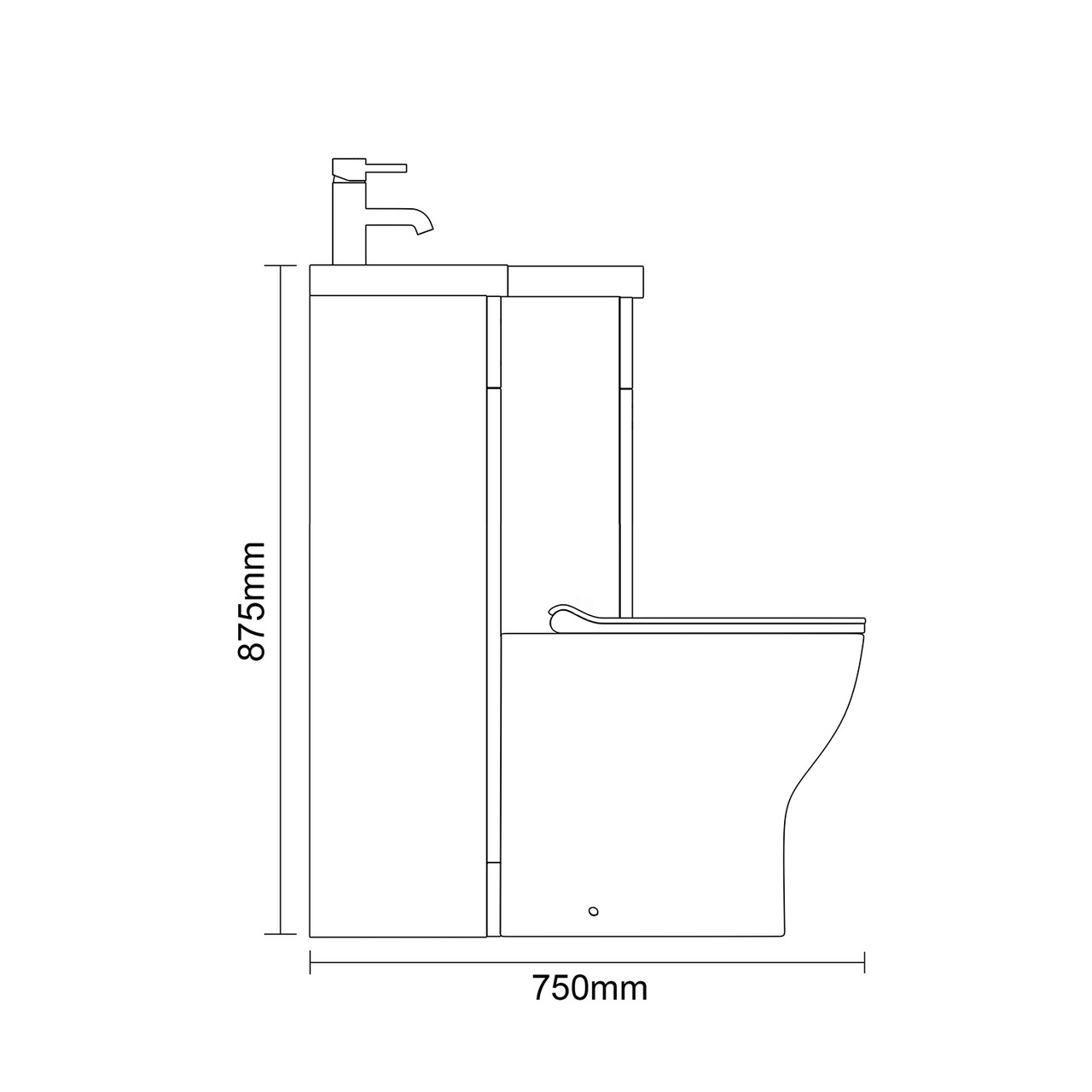 Napoli 390 Brown Oak 1100mm 2 Door Vanity Unit Toilet Suite with Square Right Hand Lucia Basin Side on Dimensions