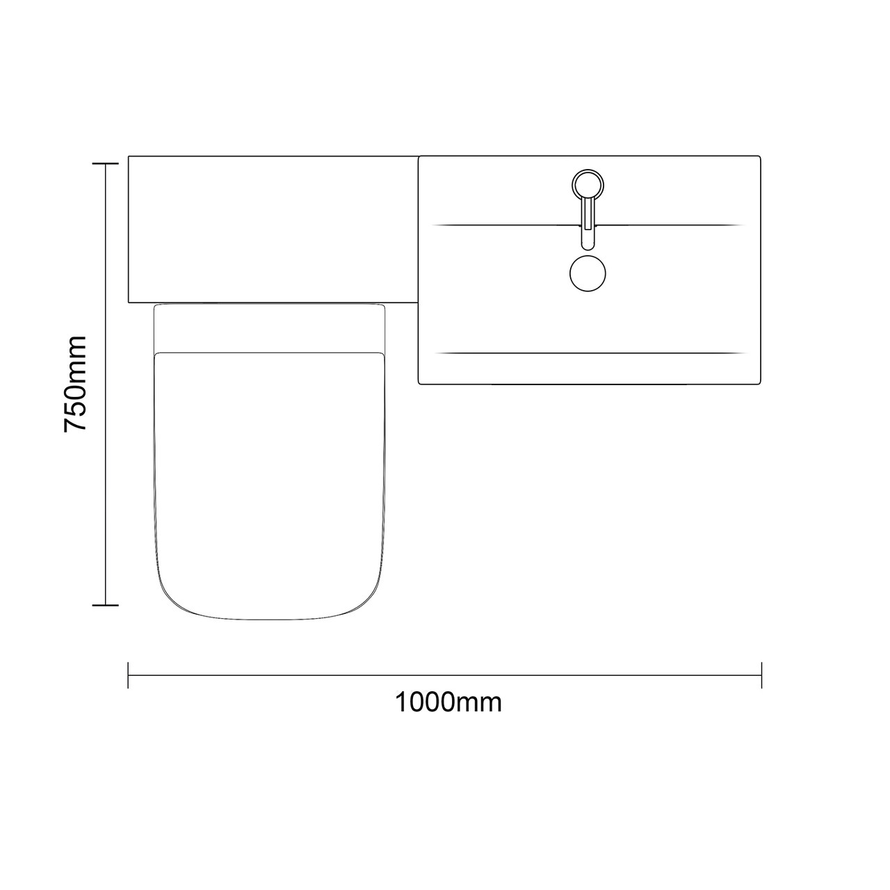 Napoli 390 Brown Oak 1000mm 2 Drawer Vanity Unit Toilet Suite with Glide Basin Top Down Dimensions