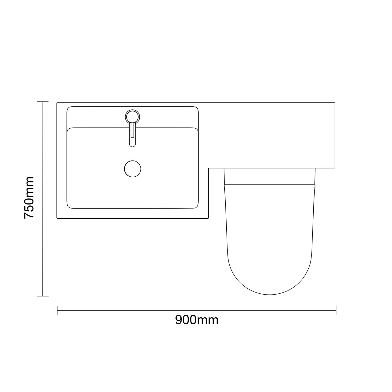 Napoli 390 Brown Oak 900mm Single Door Vanity Unit Toilet Suite with Left Hand Square Lucia Basin Top Down Dimensions