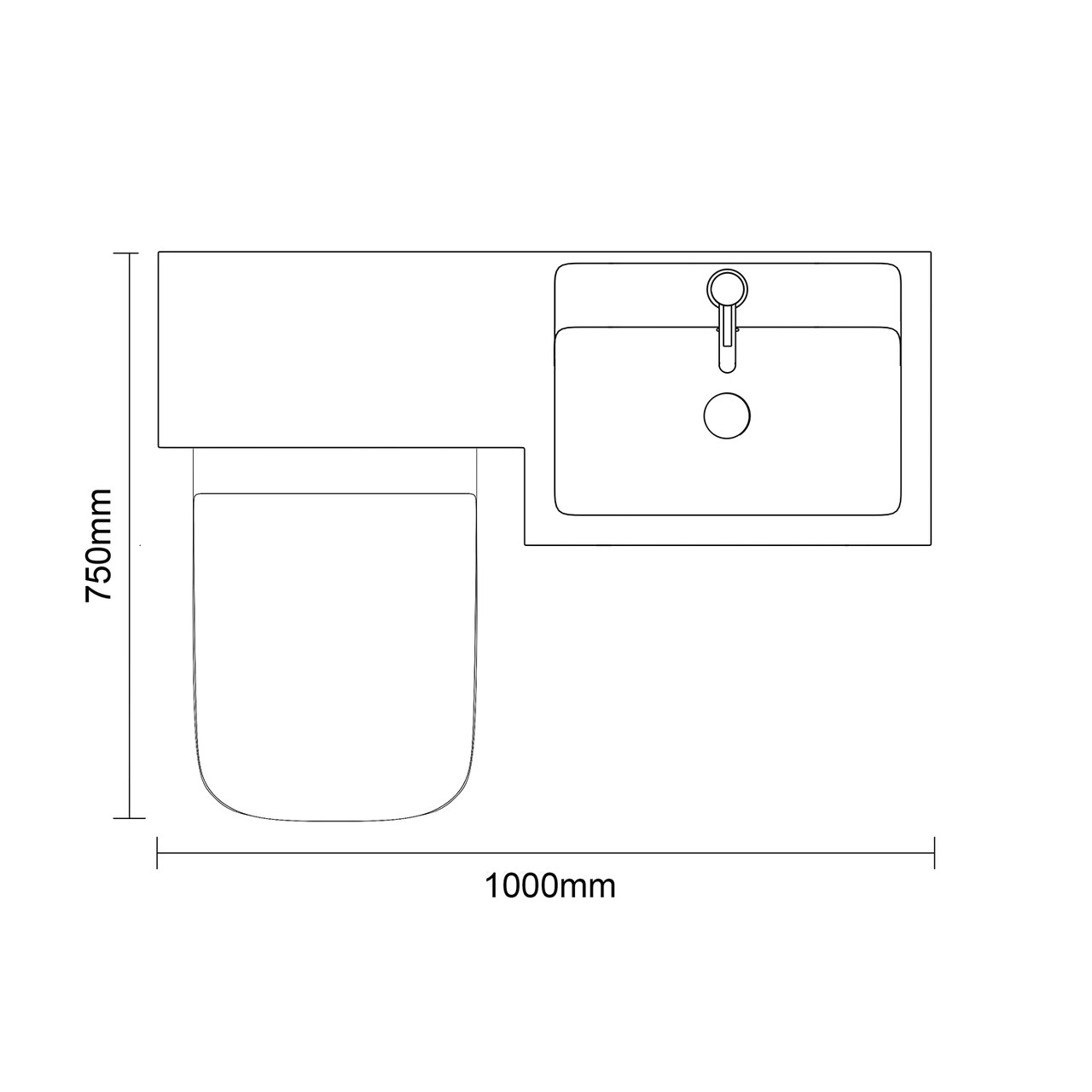 Napoli 390 Deep Blue 1000mm 2 Door Vanity Unit Toilet Suite with Right Hand Square Lucia Basin Top Down Dimensions