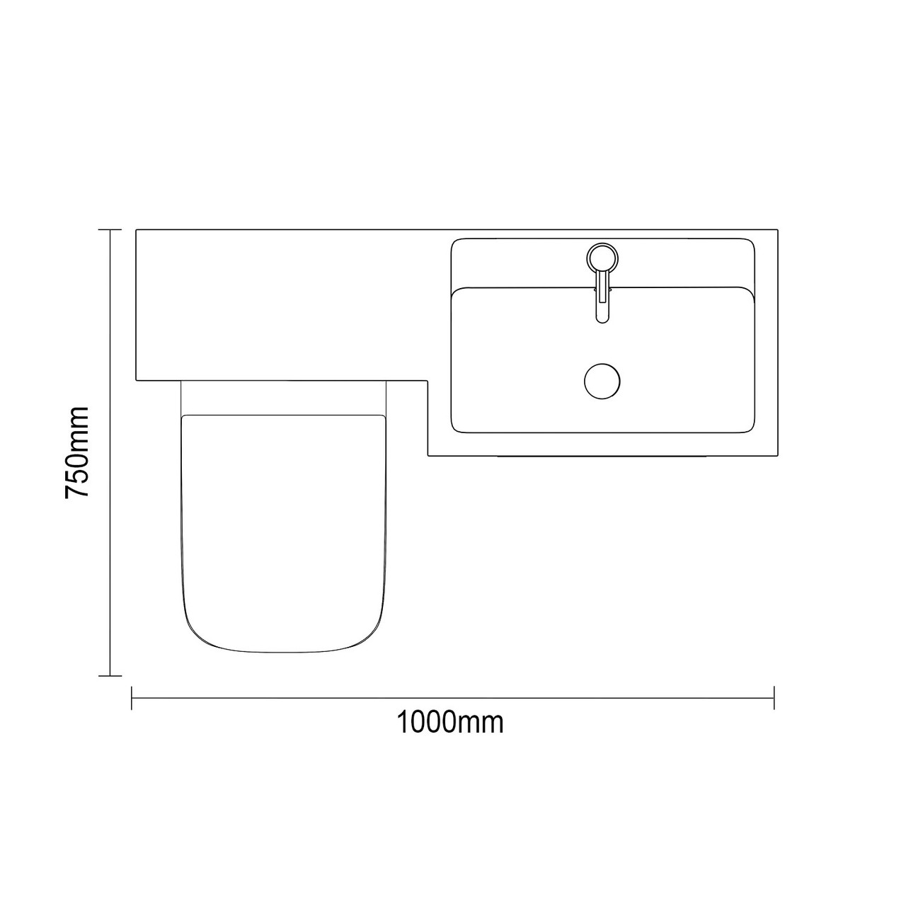 Napoli 390 Light Oak 1100mm 2 Drawer Vanity Unit Toilet Suite with Square Right Hand Lucia Basin Top Down Dimensions