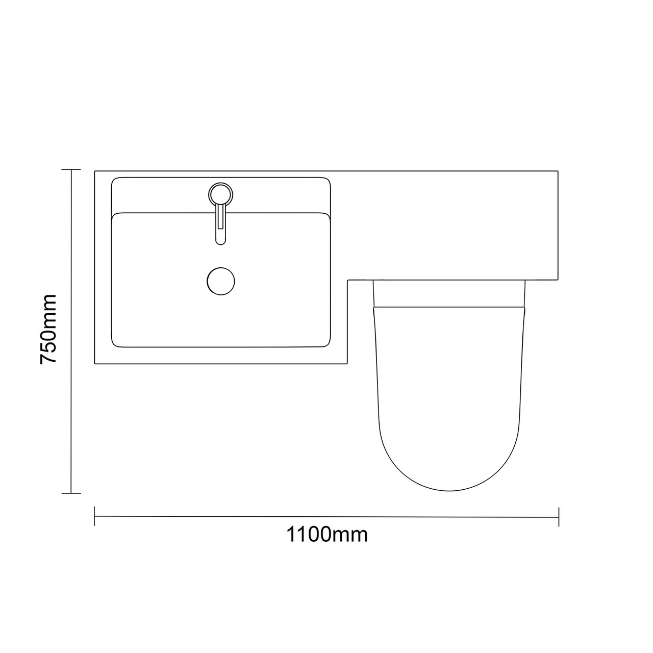 Napoli 390 Matt Black 1100mm 2 Door Vanity Unit Toilet Suite with Square Left Hand Lucia Basin Top Down Dimensions