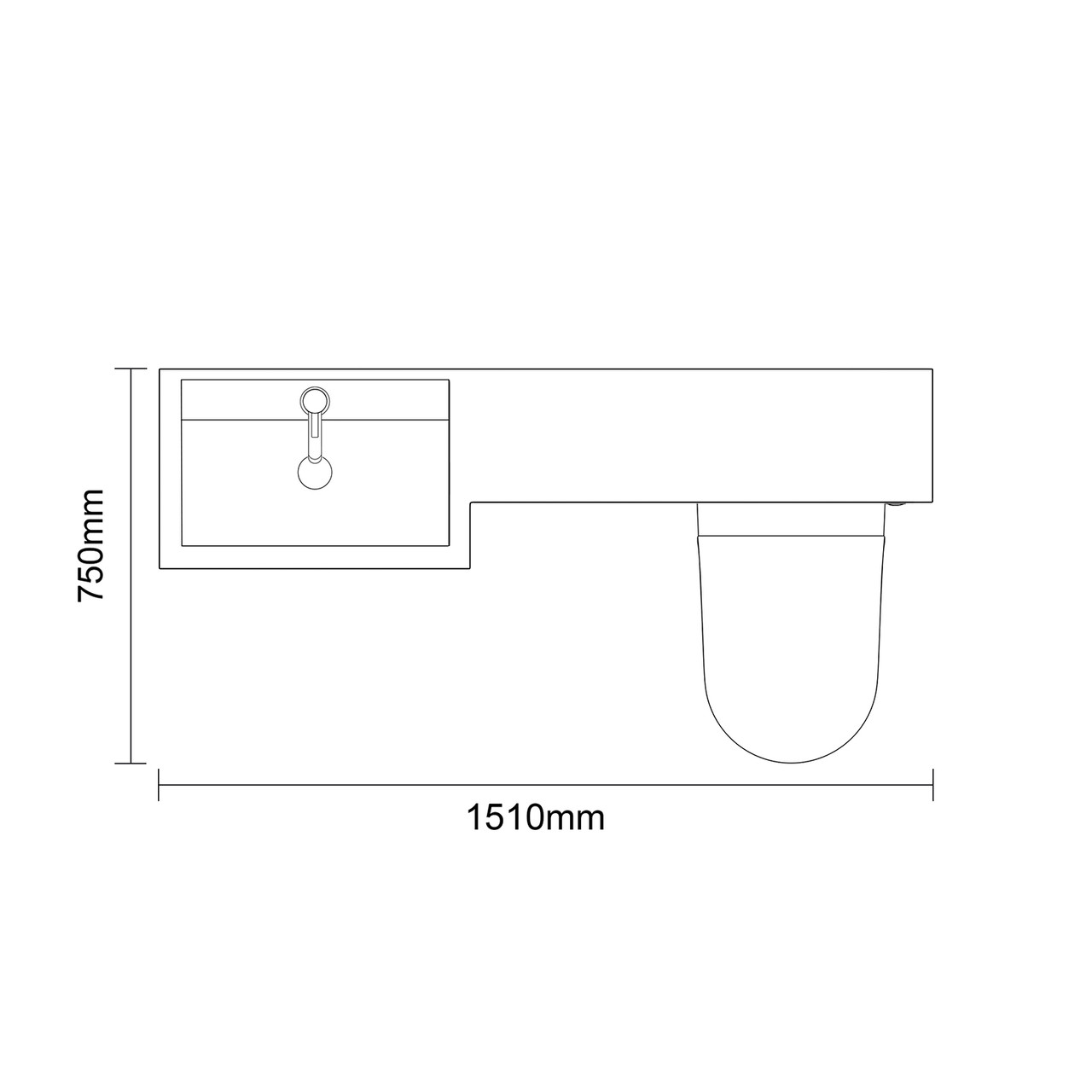Napoli 390 Matt Black 1500mm 2 Drawer Vanity Unit Toilet Suite with Left Hand Square Lucia Basin Top Down Dimensions