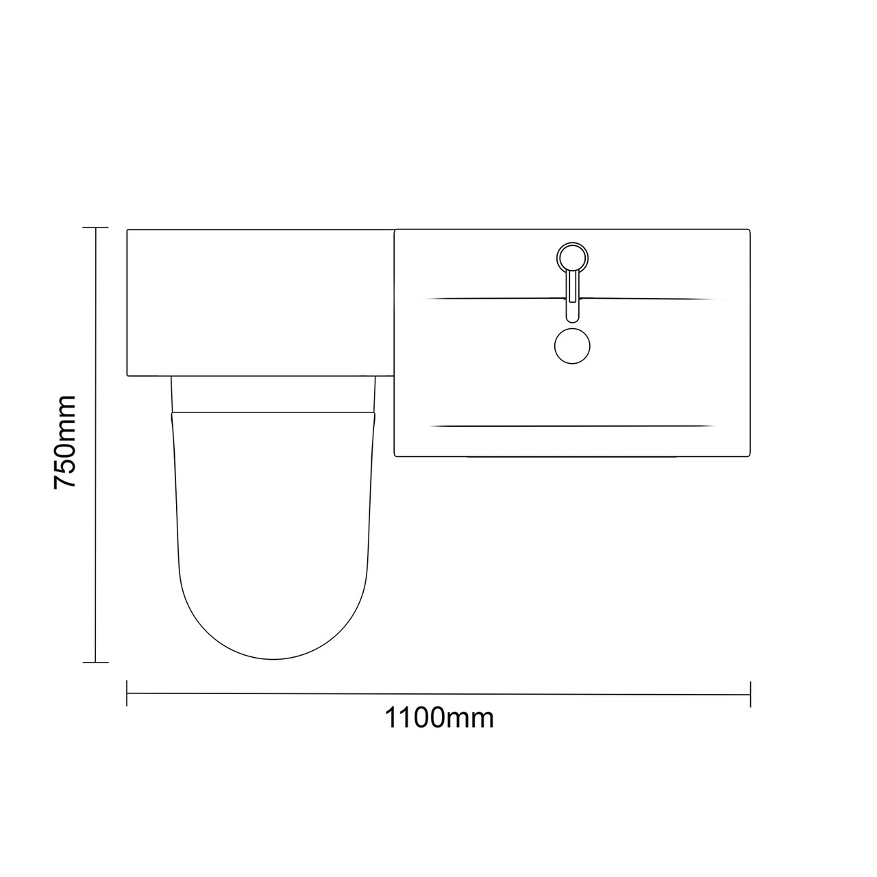 Napoli 390 Nero Oak 1100mm 2 Door Vanity Unit Toilet Suite with Glide Basin Top Down Dimensions