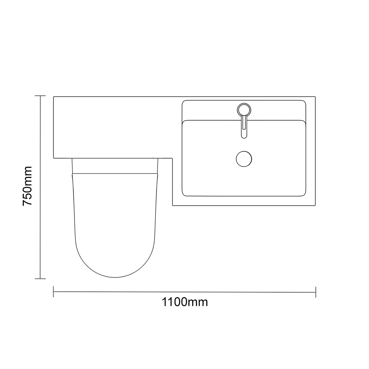 Napoli 390 Nero Oak 1100mm 2 Door Vanity Unit Toilet Suite with Square Right Hand Lucia Basin Top Down Dimensions