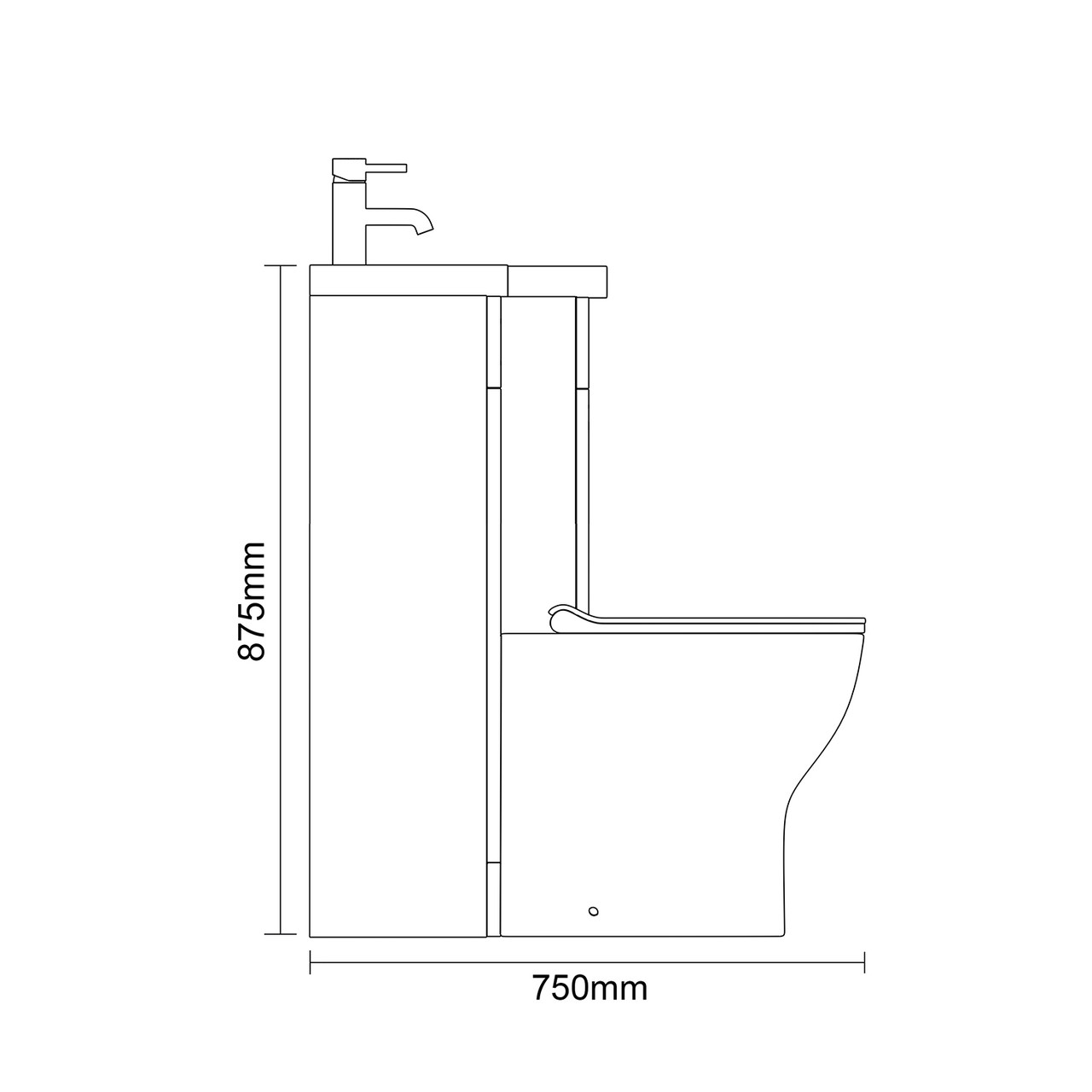 Napoli 390 Nero Oak 1500mm 3 Door Vanity Unit Toilet Suite with Right Hand Square Lucia Basin Side on Dimensions