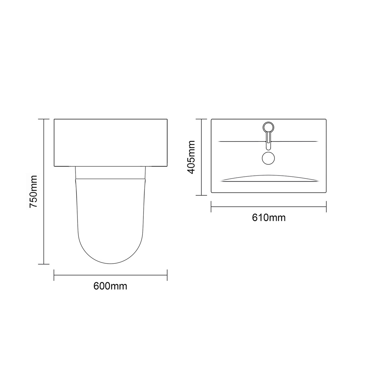 Napoli 390 Cento Nero Oak 1200mm Wall Mounted 2 Drawer Vanity Unit and Toilet Suite with Glide Basin Top Down Dimensions