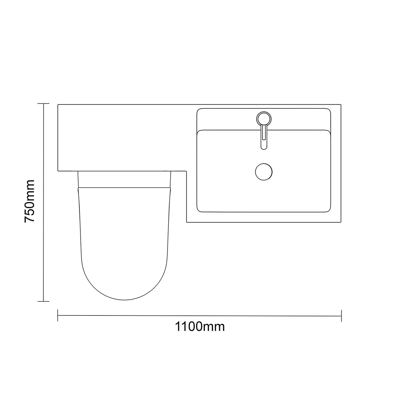 Napoli 390 Tobacco Oak 1100mm 2 Door Vanity Unit Toilet Suite with Square Right Hand Lucia Basin Top Down Dimensions