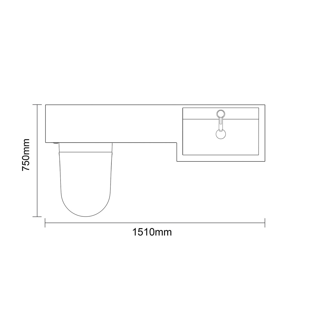Napoli 390 Tobacco Oak 1500mm 2 Drawer Vanity Unit Toilet Suite with Right Hand Square Lucia Basin Top Down Dimensions