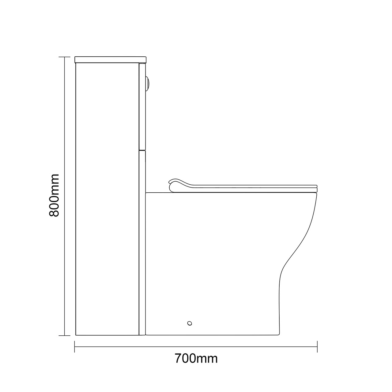 Vela Satin White 550mm Toilet Unit and Jubilee Short Projection Rimless Back to Wall Toilet Pan with Soft Close Toilet Seat Dimensions Side