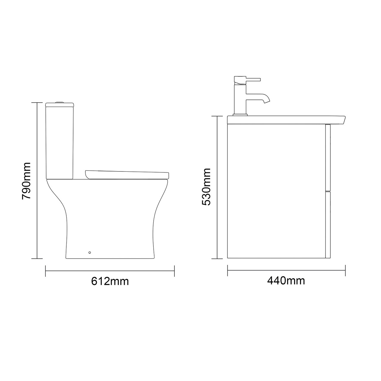 Avant Satin Green 500mm Wall Mounted 2 Drawer Vanity Unit and Kingston Toilet Suite with Arc Basin Side On Dimensions
