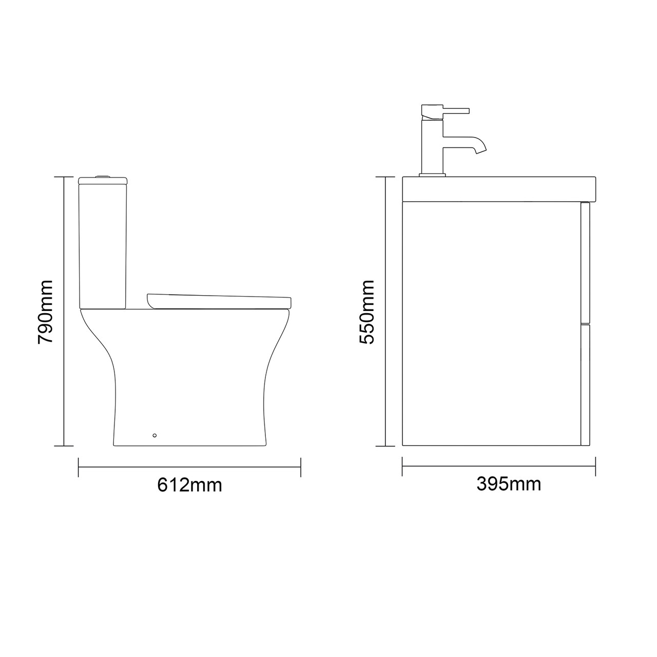 Avant Satin Green 500mm Wall Mounted 2 Drawer Vanity Unit and Kingston Toilet Suite with Rimini Basin Side On Dimensions