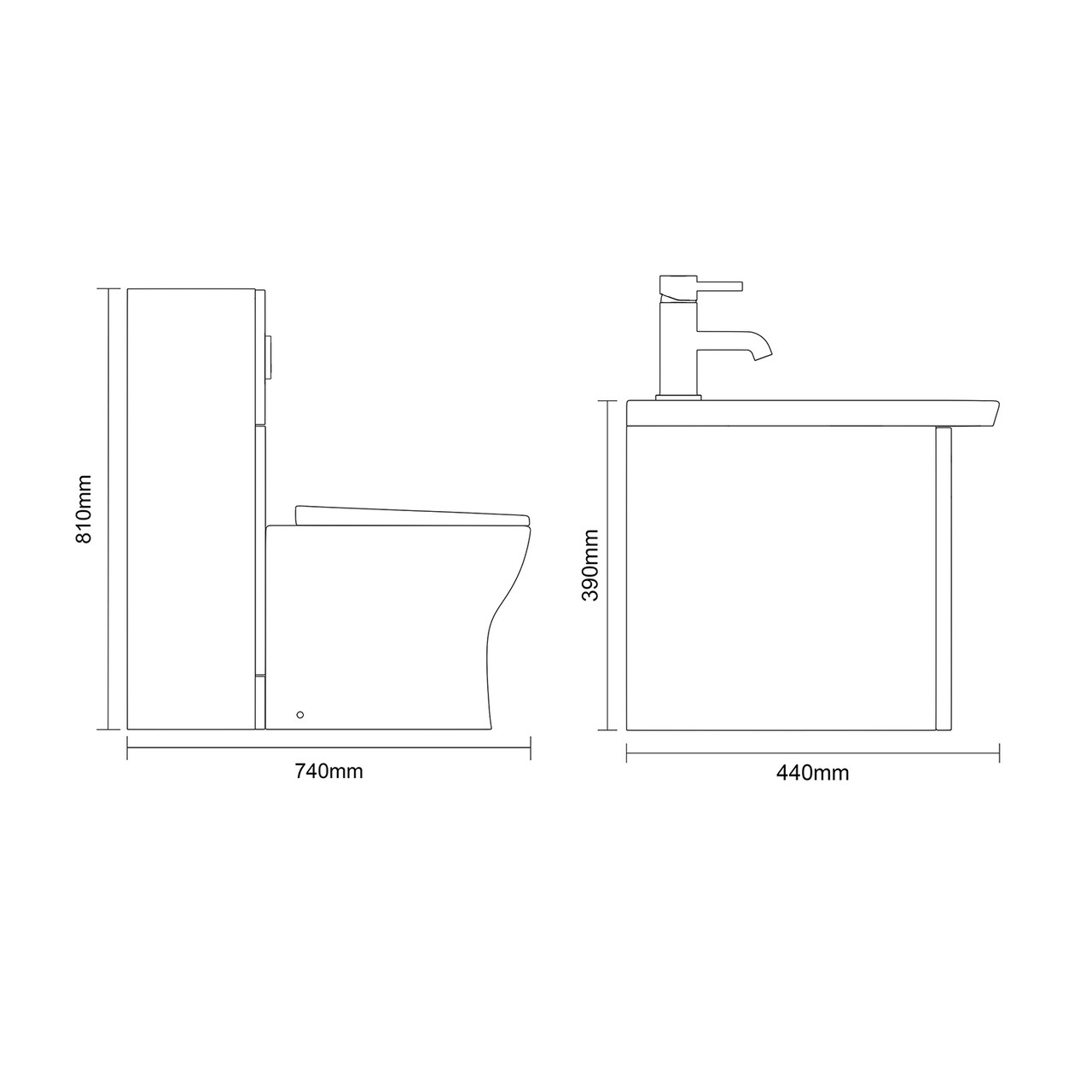 Avant Satin Grey 1100mm Wall Mounted Single Drawer Vanity Unit and Toilet Suite with Arc Basin Side On Dimensions