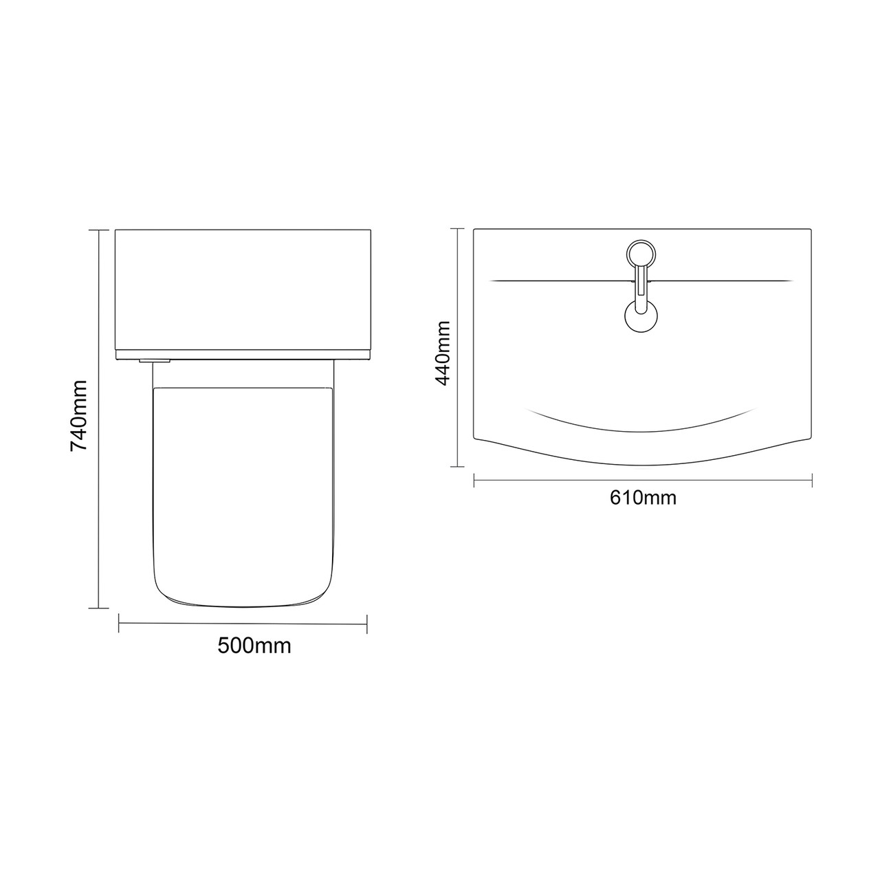 Avant Satin White 1100mm Wall Mounted Single Drawer Vanity Unit and Toilet Suite with Arc Basin Top Down Dimensions