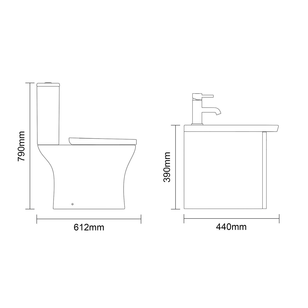 Avant Satin White 600mm Wall Mounted Single Drawer Vanity Unit and Kingston Toilet Suite with Arc Basin Side On Dimensions