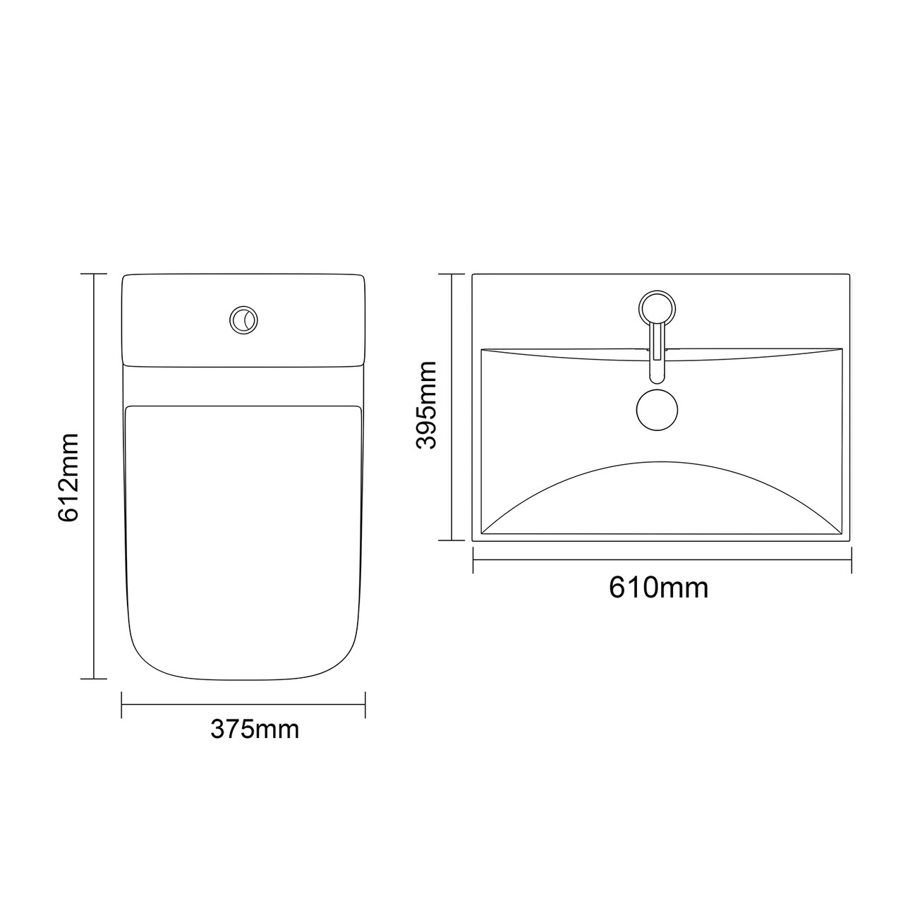 Avant Satin Grey 600mm Wall Mounted 2 Drawer Vanity Unit and Kingston Toilet Suite with Rimini Basin Top Down Dimensions