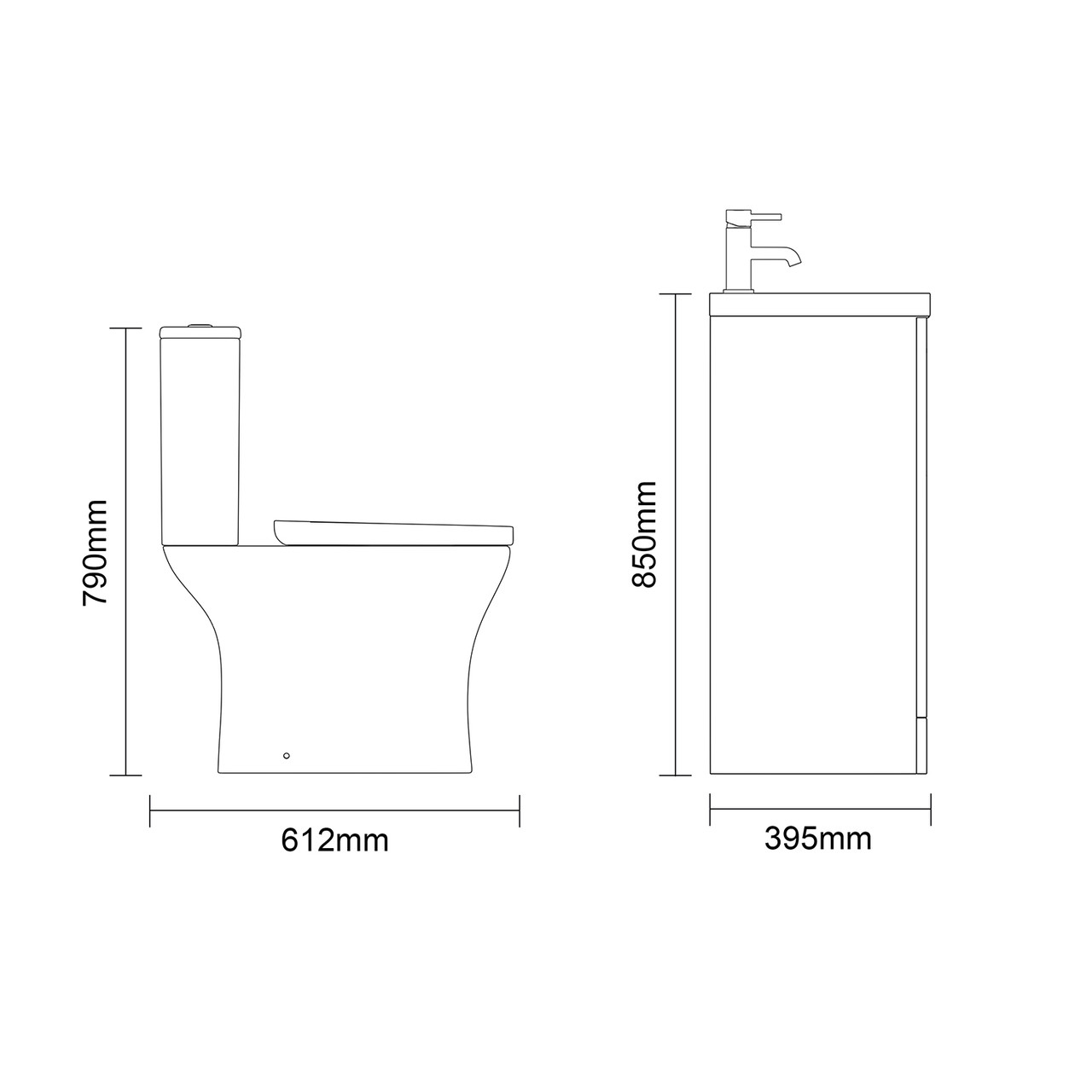 Avant Satin Green 600mm 2 Door Vanity Unit and Kingston Toilet Suite with Glide Basin Side On Dimensions