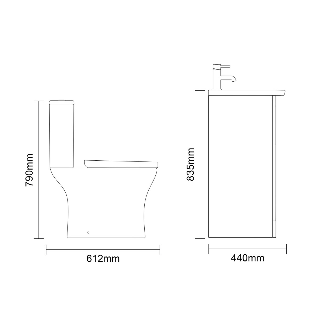 Avant Satin Green 600mm 2 Door Vanity Unit and Kingston Toilet Suite with Arc Basin Side On Dimensions