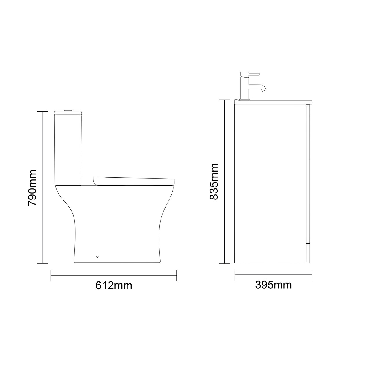 Avant Satin Grey 600mm 2 Door Vanity Unit and Kingston Toilet Suite with Angel Basin Side On Dimensions