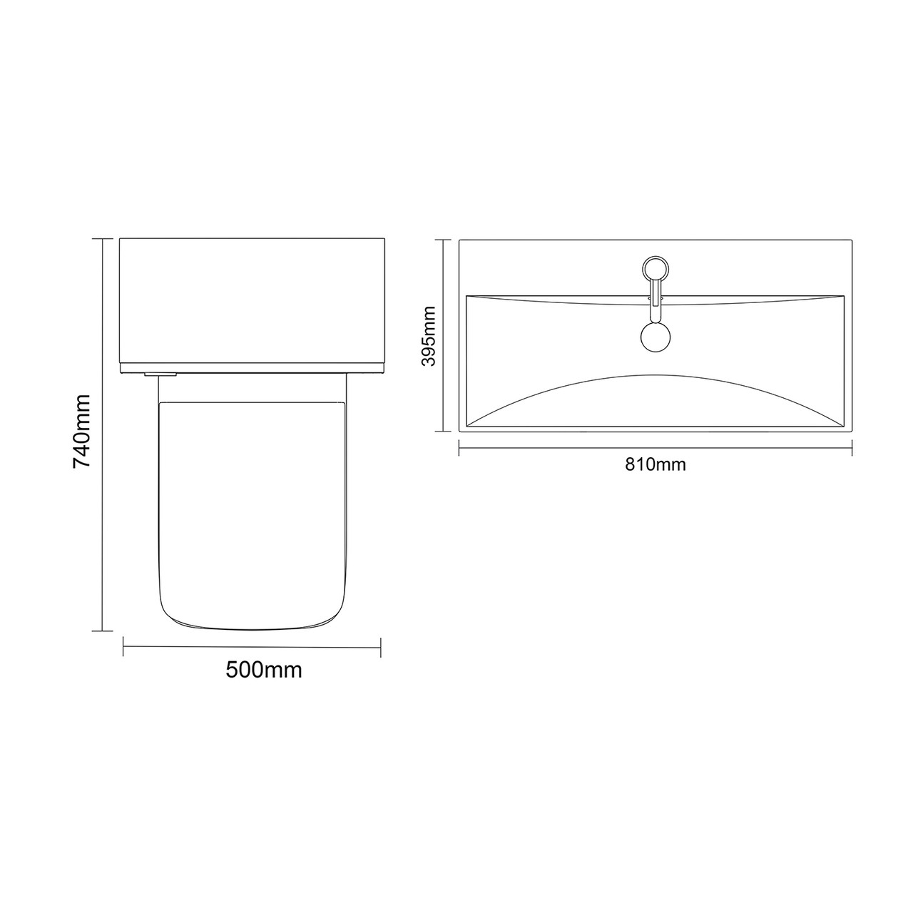 Avant Satin Green 1300mm Wall Mounted Single Drawer Vanity Unit and Toilet Suite with Rimini Basin Top Down Dimensions