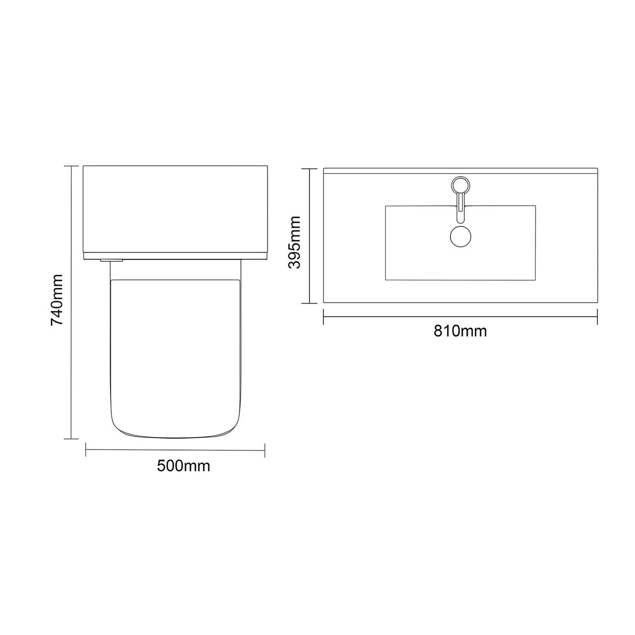 Avant Satin White 1300mm Wall Mounted 2 Drawer Vanity Unit and Toilet Suite with Angel Basin Top Down Dimensions