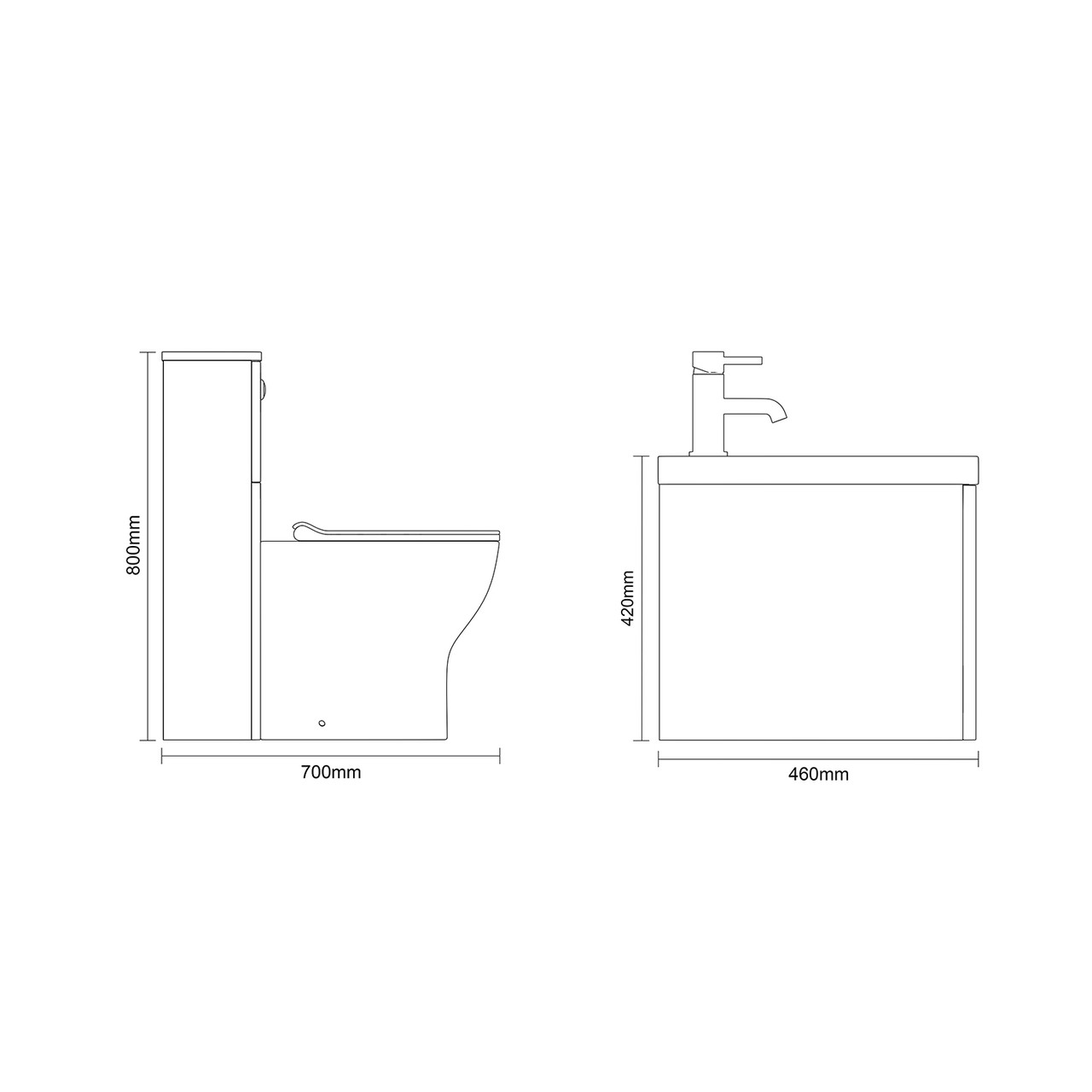 Vela 460 Satin White 1150mm Wall Mounted Single Drawer Vanity Unit and Toilet Suite with Fina Basin Dimensions Side