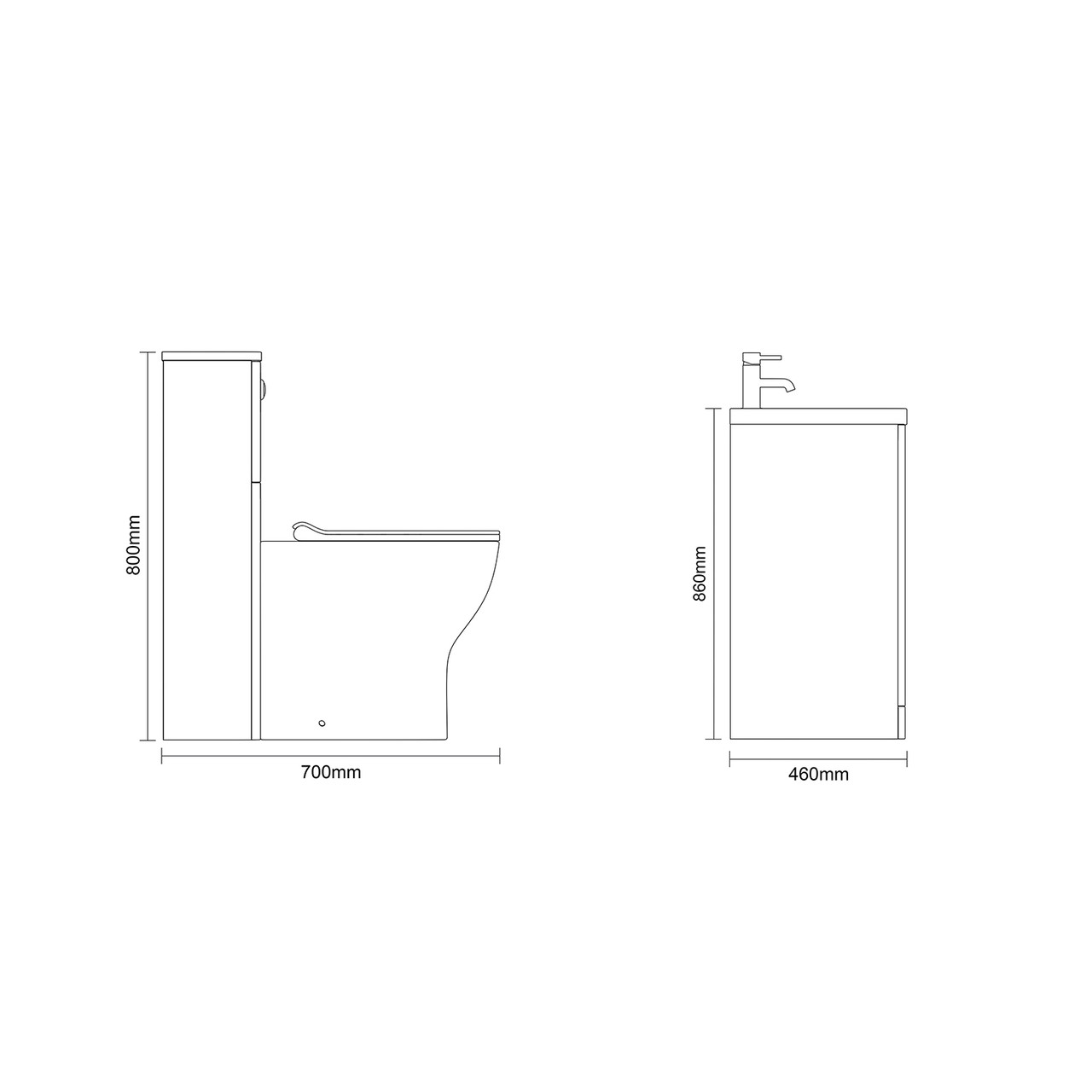 Vela 460 Gloss White 1350mm 2 Drawer Vanity Unit and Toilet Suite with Anya Basin Dimensions Side