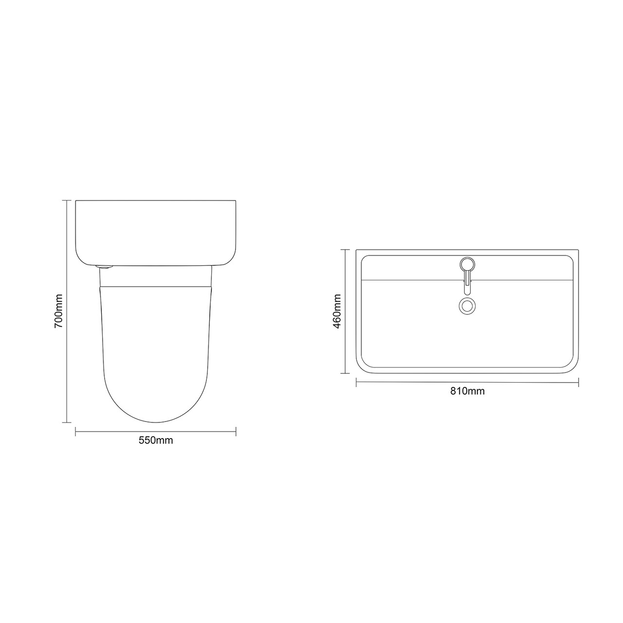 Vela 460 Satin White 1350mm Wall Mounted 2 Drawer Vanity Unit and Toilet Suite with Anya Basin Dimensions Top