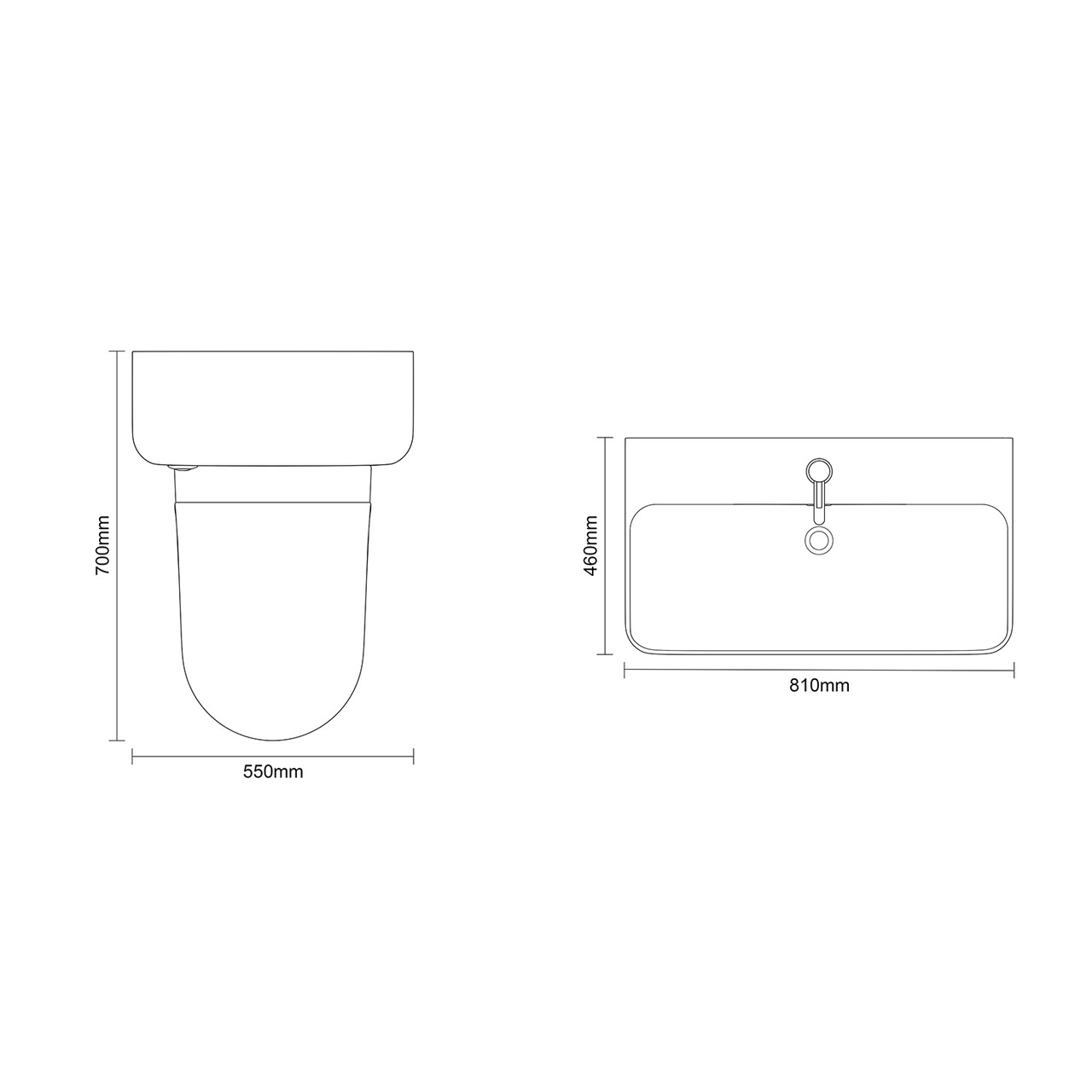 Vela 460 Gloss White 1350mm Wall Mounted Single Drawer Vanity Unit and Toilet Suite with Fina Basin Dimensions Top