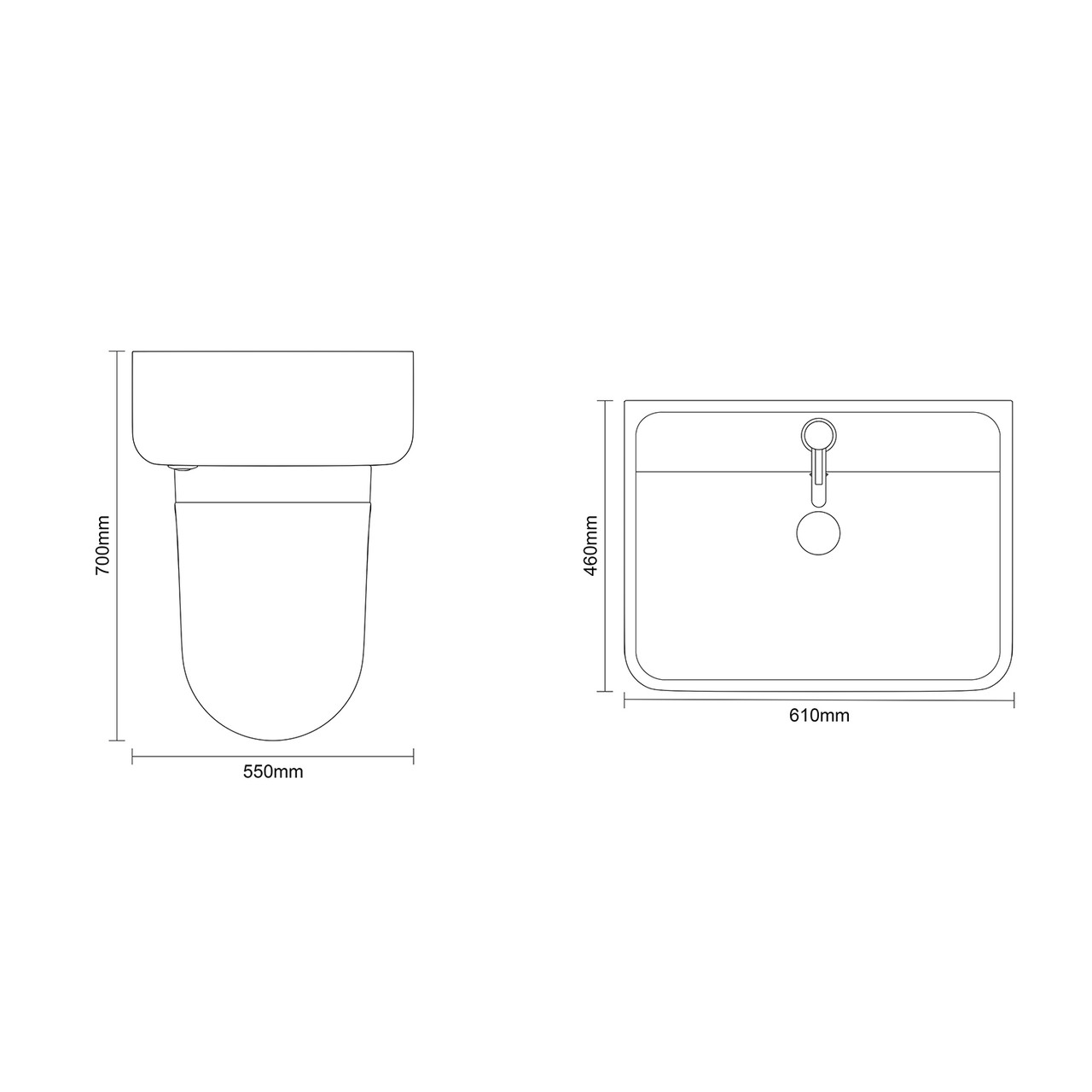 Vela 450 Satin White 600mm Wall Mounted 2 Drawer Vanity Unit and Toilet Suite with Leni Basin Dimensions Top