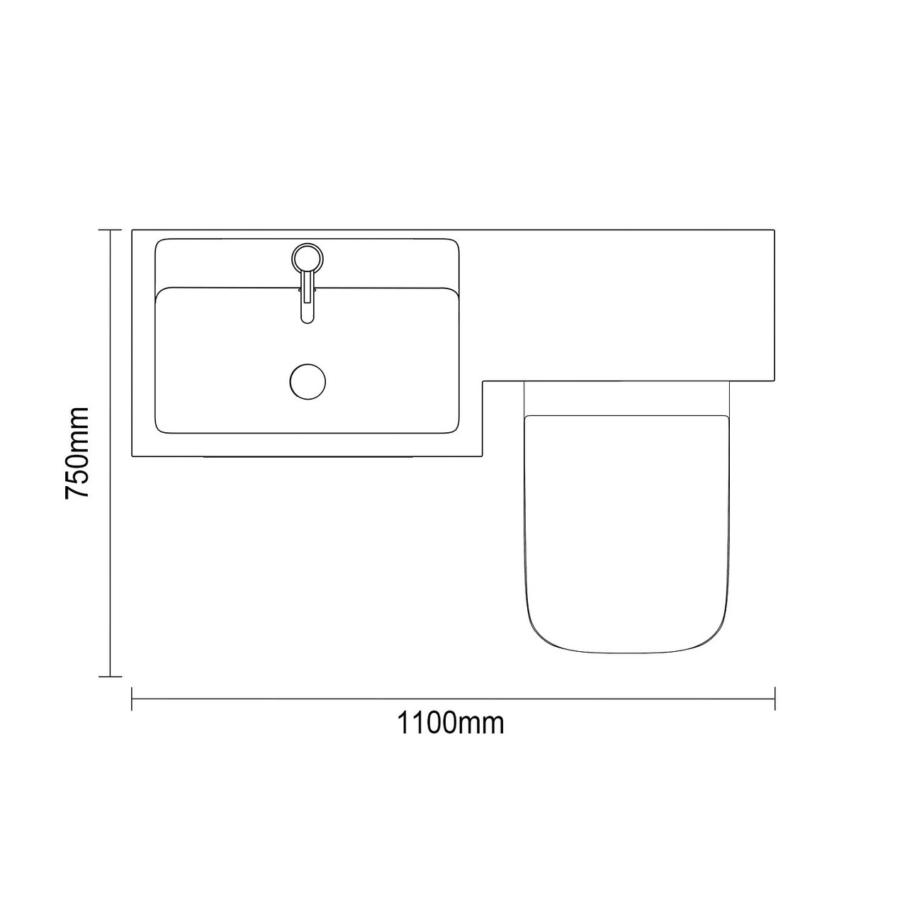 Montego Combination Gloss White 1100mm 2 Door 1 Drawer Vanity Unit Toilet Suite with Left Hand Square Lucia Basin Dimensions Top