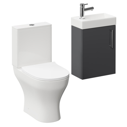 Napoli Compact Gloss Grey 400mm Cloakroom Vanity Unit and Toilet Suite including Jubilee Open Back Toilet and Wall Mounted Vanity Unit with Single Door and Polished Chrome Handle Left Hand View
