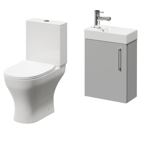 Napoli Compact Gloss Grey Pearl 400mm Cloakroom Vanity Unit and Toilet Suite including Jubilee Open Back Toilet and Wall Mounted Vanity Unit with Single Door and Polished Chrome Handle Right Hand View