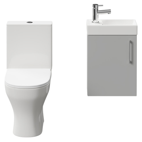 Napoli Compact Gloss Grey Pearl 400mm Cloakroom Vanity Unit and Toilet Suite including Jubilee Open Back Toilet and Wall Mounted Vanity Unit with Single Door and Polished Chrome Handle Front View