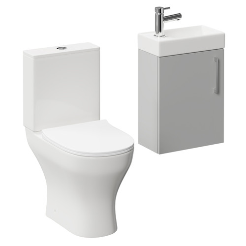 Napoli Compact Gloss Grey Pearl 400mm Cloakroom Vanity Unit and Toilet Suite including Jubilee Open Back Toilet and Wall Mounted Vanity Unit with Single Door and Polished Chrome Handle Left Hand View