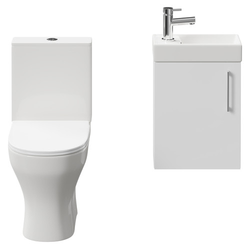 Napoli Compact Gloss White 400mm Cloakroom Vanity Unit and Toilet Suite including Jubilee Open Back Toilet and Wall Mounted Vanity Unit with Single Door and Polished Chrome Handle Front View