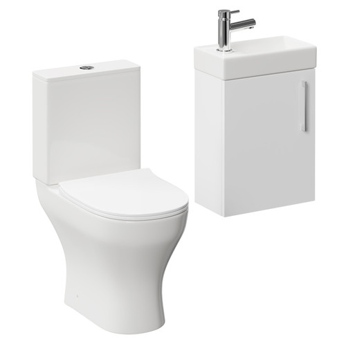 Napoli Compact Gloss White 400mm Cloakroom Vanity Unit and Toilet Suite including Jubilee Open Back Toilet and Wall Mounted Vanity Unit with Single Door and Polished Chrome Handle Left Hand View