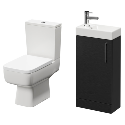 Napoli Compact Nero Oak 400mm Cloakroom Vanity Unit and Toilet Suite including Paulo Toilet and Floor Standing Vanity Unit with Single Door and Polished Chrome Handle Right Hand View