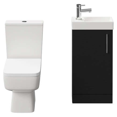 Napoli Compact Nero Oak 400mm Cloakroom Vanity Unit and Toilet Suite including Paulo Toilet and Floor Standing Vanity Unit with Single Door and Polished Chrome Handle Front View