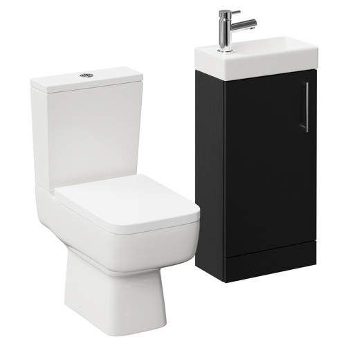 Napoli Compact Nero Oak 400mm Cloakroom Vanity Unit and Toilet Suite including Paulo Toilet and Floor Standing Vanity Unit with Single Door and Polished Chrome Handle Left Hand View