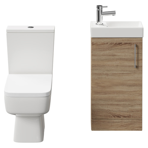 Napoli Compact Bordalino Oak 400mm Cloakroom Vanity Unit and Toilet Suite including Paulo Toilet and Floor Standing Vanity Unit with Single Door and Polished Chrome Handle Front View