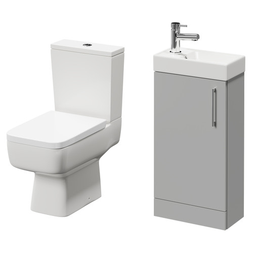 Napoli Compact Gloss Grey Pearl 400mm Cloakroom Vanity Unit and Toilet Suite including Paulo Toilet and Floor Standing Vanity Unit with Single Door and Polished Chrome Handle Right Hand View