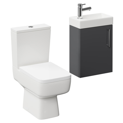 Napoli Compact Gloss Grey 400mm Cloakroom Vanity Unit and Toilet Suite including Paulo Toilet and Wall Mounted Vanity Unit with Single Door and Polished Chrome Handle Left Hand View
