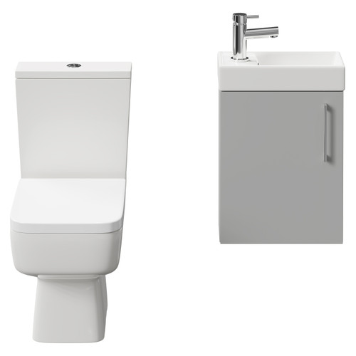 Napoli Compact Gloss Grey Pearl 400mm Cloakroom Vanity Unit and Toilet Suite including Paulo Toilet and Wall Mounted Vanity Unit with Single Door and Polished Chrome Handle Front View