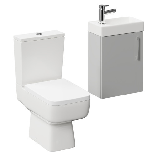 Napoli Compact Gloss Grey Pearl 400mm Cloakroom Vanity Unit and Toilet Suite including Paulo Toilet and Wall Mounted Vanity Unit with Single Door and Polished Chrome Handle Left Hand View