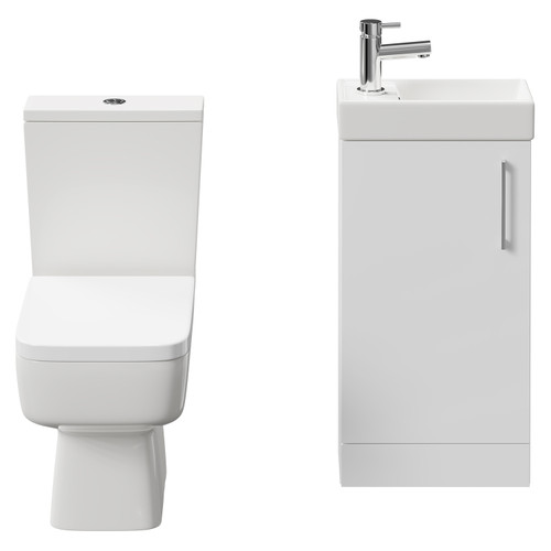 Napoli Compact Gloss White 400mm Cloakroom Vanity Unit and Toilet Suite including Paulo Toilet and Floor Standing Vanity Unit with Single Door and Polished Chrome Handle Front View